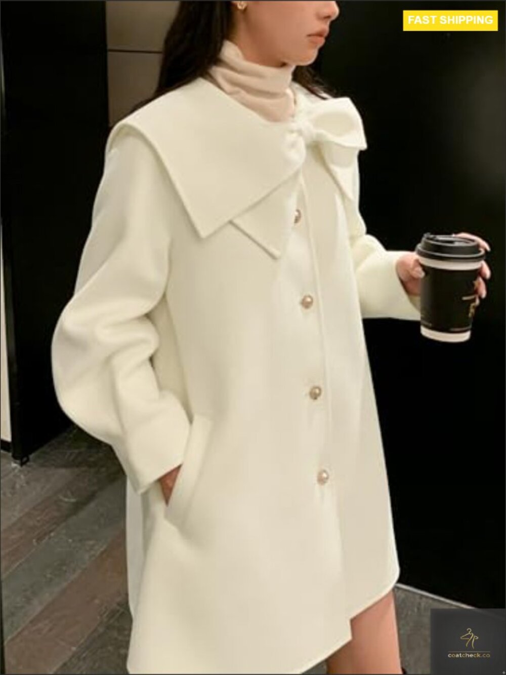 Classic Wool Pea Coat with Bow Detail Lapel Collar Single Breasted Long Sleeve - Picture 4 of 6